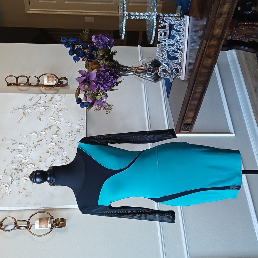 Frederick's of Hollywood Cocktail Teal Sheer Illusions Mini Dress. Size M - Picture 4 of 17